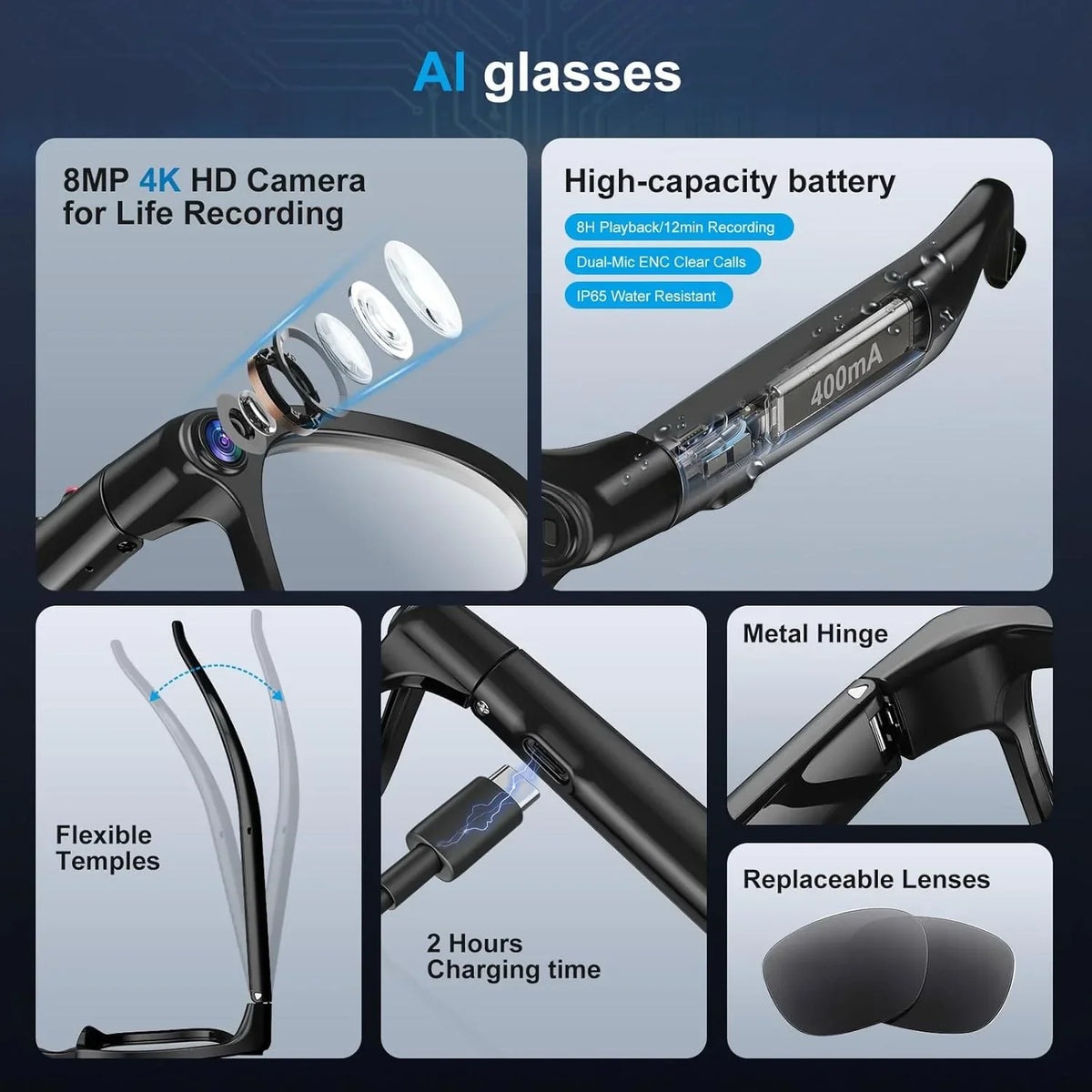 AI Smart Glasses with 8MP Camera & AI Assistant